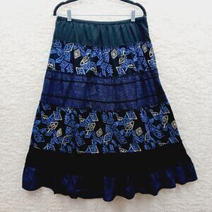 Skirt Maxi West End Peasant Blue Geometric Tiered Boho Folk Cottagecore Size PL